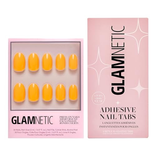 Glamnetic Press-On Nails & Adhesive Nail Tabs - Sunset Orange  Orange Short Round Fake Nails  12 Sizes - 30 Nail Kit With Adhesive Tabs
