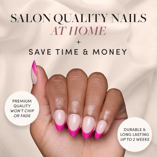 Glamnetic Press On Nails & Brush On Nail Glue Bundle - Raspberry Sorbet  Semi-Transparent Magenta Pink French Tip Short Almond False Nails Reusable  15 Sizes - 30 Nail Kit With Glue