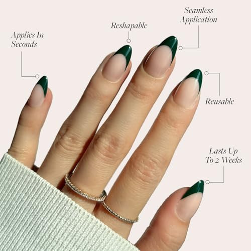 Glamnetic Press On Nails & Brush On Nail Glue Bundle - Chãƒæ’Ã‚¢Teau  Semi-Transparent Dark Green French Tip Short Almond False Nails Reusable  15 Sizes - 30 Nail Kit With Glue