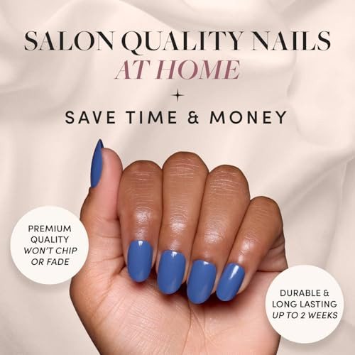 Glamnetic Press-On Nails - Regal Blue  Super Strong Brush On Nail Glue & Press-On Nail Remover  Opaque Dark Moody Blue Short Round False Nails  12 Sizes - 30 Nail Kit With Glue And Remover