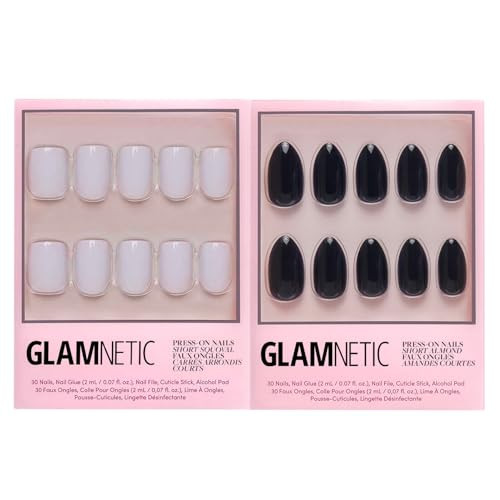 Glamnetic Press-On Nails Bundle - Lilac Gray & Boba  Opaque Pale Light Lilac Gray Short Squoval False Nails  Opaque Black Short Almond Nails  Reusable Salon-Quality Nail Kits