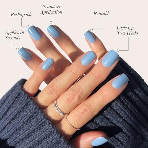 Glamnetic Press On Nails & Brush On Nail Glue Bundle - Cashmere Blue  Opaque Soft Blue Short Squoval False Nails Reusable  15 Sizes - 30 Nail Kit With Glue