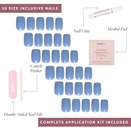 Glamnetic Press-On Nails Bundle - Cashmere Blue Hailey & Caviar  Opaque Soft Blue Squoval False Nails  Glazed Almond Fake Nails  Almond Black French Tips