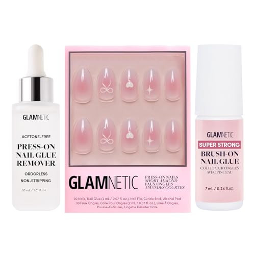 Glamnetic Press-On Nails - Lovers Knot  Super Strong Brush On Nail Glue & Press-On Nail Remover  Short Almond Nude Fake Nails With Bow Accents  15 Sizes - 30 Nail Kit With Glue And Remover