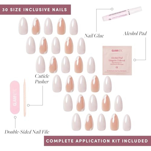 Glamnetic Press-On Nails - Lovey Dovey  Short Almond Fake Nails With Abstract Accents  15 Sizes - 30 Nail Kit With Glue And Remover
