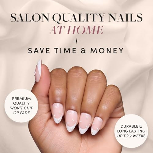Glamnetic Press-On Nails - French Pearl  Super Strong Brush On Nail Glue & Nail Adhesive Tabs  Short Almond French Tip Fake Nails With Pearl Accents  15 Sizes - 30 Nail Kit With Glue & Nail Tabs