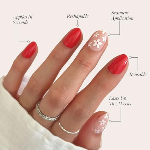 Glamnetic Press On Nails & Brush On Nail Glue Bundle - Red Blossom  Short Oval Fake Nails With Floral Accents Reusable  15 Sizes - 30 Nail Kit With Glue