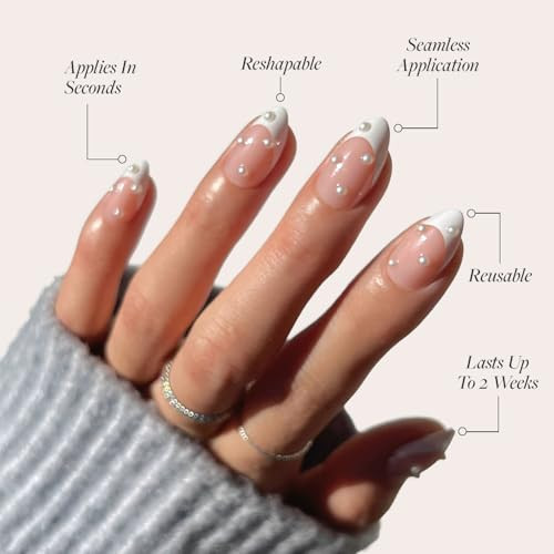 Glamnetic Press-On Nails Bundle - French Pearl & Fairy Dust  Short Almond French Tip Fake Nails With Pearl Accents  Short Oval Beige-Pink False Nails With A Metallic Finish  Reusable Salon-Quality