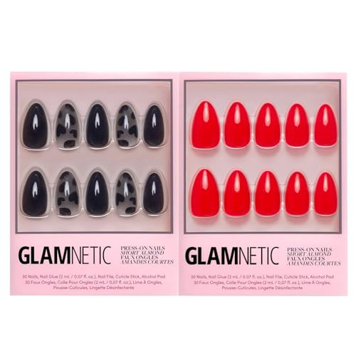 Glamnetic Press-On Nails Bundle - Love Me Not & Fiery Red  Short Almond Fake Nails With Black Heart Accents  Bright Red Short Almond False Nails  Reusable Salon-Quality Nail Kits