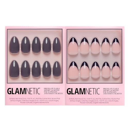 Glamnetic Press-On Nails Bundle - Ash Gray & Think Pink  Opaque Muted  Gray Short Almond False Nails  Light Pastel Pink Short Oval Fake Nails  Reusable Salon-Quality Nail Kits