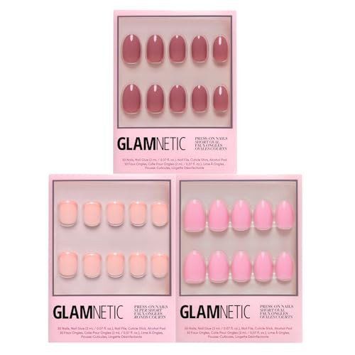 Glamnetic Press-On Nails Bundle - French Peach Think Pink & Fall Mauve  Super Round Fake Nails With Peach French Tips  Light Pastel Pink Oval Fake Nails  Muted Blush Mauve Short Oval N