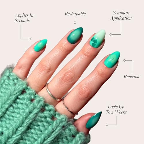 Glamnetic Press-On Nails Bundle - Siren Green & Confetti  Short Almond Aquamarine Fake Nails With Tropical Flowers  Glossy Short Almond Pastel French Tip Nails  Reusable Salon-Quality Nail Kits