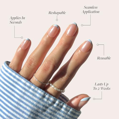 Glamnetic Press-On Nails Bundle - Into Blue & Fairy Dust  Glazed Short Oval Fake Nails With Periwinkle French Tips  Short Oval Beige-Pink False Nails With A Metallic Finish  Reusable Salon-Quality