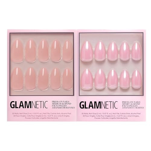 Glamnetic Press-On Nails Bundle - Sheer Pink & First Kiss  Medium Almond Sheer Light Pink Neutral Fake Nails  Neutral Pink False Nails With A Glaze Finish  Reusable Short Almond Nail Kits