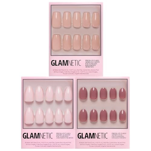 Glamnetic Press-On Nails Bundle - Exposed Ballet Pink & Fall Mauve  Medium Coffin Fake Nails Nude Opaque Neutral  Opaque Light Blush Pink Short Almond False Nails  Muted Blush Mauve Short Oval Fa