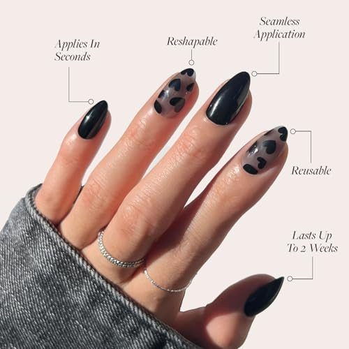 Glamnetic Press On Nails & Brush On Nail Glue Bundle - Love Me Not  Short Almond Fake Nails With Black Heart Accents Reusable  15 Sizes - 30 Nail Kit With Glue