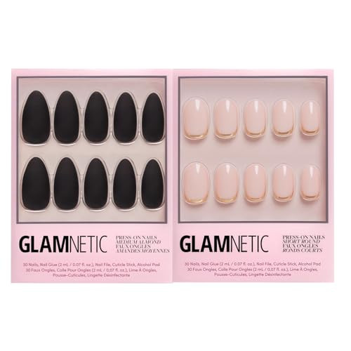 Glamnetic Press-On Nails Bundle - Red Bottom & Goal Digger  Red Accent Dual Side Medium Almond Fake Nails  Natural Short Round False Nails With Gold Foil  Durable Salon-Quality Nail Kits
