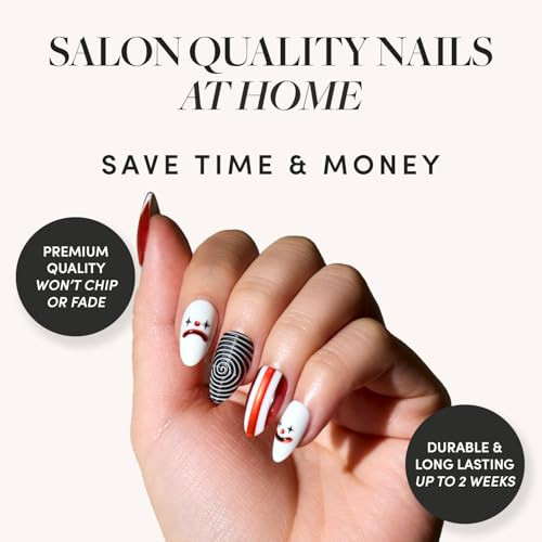 Glamnetic Press-On Nails Bundle - Crybaby Clown & Goal Digger  Short Almond 3D Fake Nails With Clown & Swirl Designs  Natural Short Round False Nails With Gold Foil  Durable Salon-Quality Nail Kit