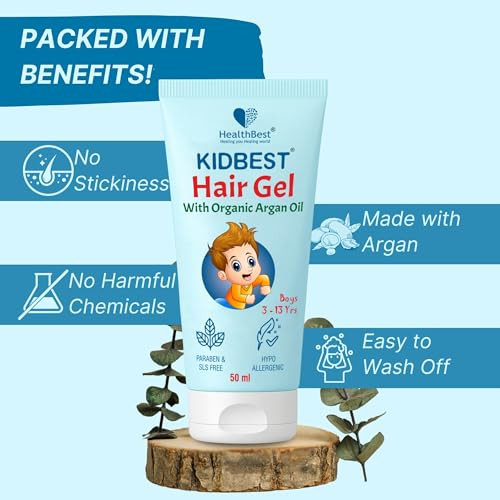 Healthbest Kids Hair Styling Gel For Boys & Girls (Daily Use) With Non Toxic Organic Argan Oil Drumstick Tree Oil & Kertine Hair Growth Damaged Hair Tear Paraben Sls  50Ml