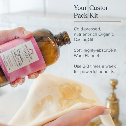 Heritage Store Organic Castor Oil Pack Wrap Kit - Soothing Packs Heat Compress For Abdomen Joints - 32Oz Organic Oil And 12 X 27 In. Wool Flannel Cloth