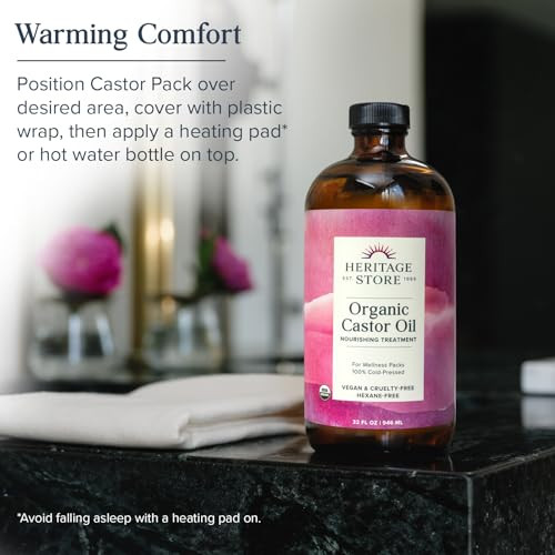 Heritage Store Organic Castor Oil Pack Wrap - Castor Oil Packs Kit - Heat Compress For Abdomen Joints Overall Health - 32Oz Cold Pressed Oco And 13 X 15 In. Organic Cotton Flannel