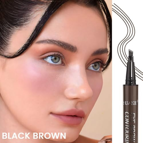 Kaely 2Pcs Microblading Eyebrow Pen With Brush Magical Precise Waterproof Brow Pen 4 Tip Eyebrow Contouring Eye Brow Pencils For Women Creates Natural Brows Sponge Head 03 Black Brown