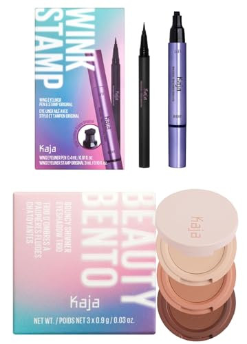 Kaja Beauty Bento Collection - Bouncy Eyeshadow Trio 13 Velvet Dream 0.03 Oz + Winged Eyeliner & Pen - Wink Stamp Bundle