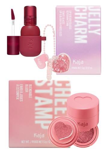 Kaja Lip & Blush Glazed Keychain Stain - Jelly Charm 02 Squeeze Guava + Blush - Cheeky Stamp 01 Coy 0.17 Oz Bundle