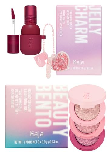 Kaja Lip & Blush Glazed Keychain Stain - Jelly Charm 01 Cherry Spritz + Beauty Bento Collection - Bouncy Eyeshadow Trio 01 Rosewater 0.03 Oz Bundle