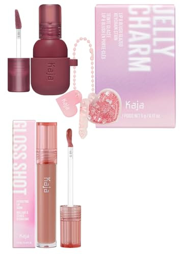 Kaja Lip & Blush Glazed Keychain Stain - Jelly Charm 04 Fig Soda + Lip Gloss - Gloss Shot 03 Honey Drizzle 0.14 Fl Oz Bundle
