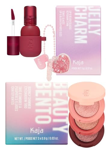 Kaja Lip & Blush Glazed Keychain Stain - Jelly Charm 02 Squeeze Guava + Beauty Bento Collection - Bouncy Eyeshadow Trio 02 Orange Blossom 0.03 Oz Bundle