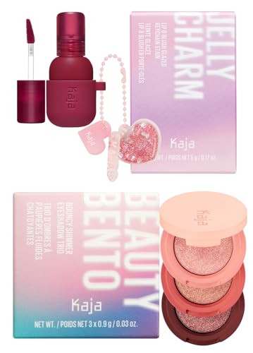 Kaja Lip & Blush Glazed Keychain Stain - Jelly Charm 01 Cherry Spritz + Beauty Bento Collection - Bouncy Eyeshadow Trio 02 Orange Blossom 0.03 Oz Bundle