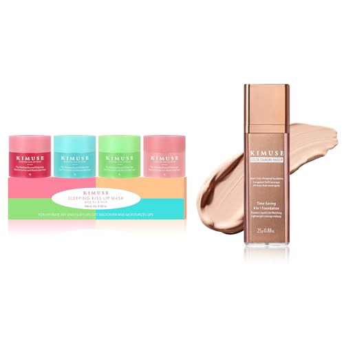 Kimuse Lip Mask Set 4Pcs Lip Sleeping Mask Overnight Treatment Lip Care Products & 4 In 1 Color Changing Foundation Waterproof & Long Wear Makeup For All Skin Tones