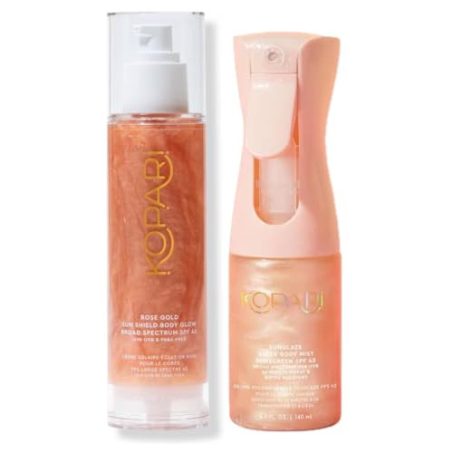 Kopari Sun Shield Body Glow Broad Spectrum Spf 45 In Rose Gold & Rose Gold Sunglaze Sheer Body Mist Sunscreen Spf 42