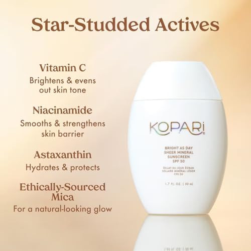 Kopari Bright As Day Sheer Mineral Sunscreen Spf 50 100% Mineral Facial Sunscreen With Vitamin C & Niacinamide Sheer Finish All Skin Tones 1.7 Oz
