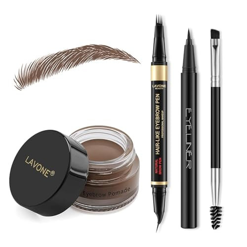 Lavone Eyebrow Pen Kit With 2 In 1 Waterproof 4 Tip Curved Eyebrow Pencil Eyebrow Pomade Eyeliner And Dual-Ended Eyebrow Brush - 05 Dark Brown