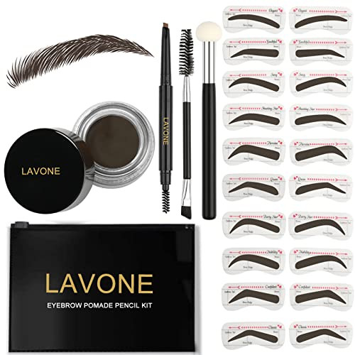 Lavone Eyebrow Stamp Stencil Kit For Eyebrows Brow Stamp Trio Kit With Waterproof Eyebrow Pencil Eyebrow Pomade 20 Eyebrow Stencils Dual-Ended Eyebrow Brush And Sponge Applicator-Medium Brown