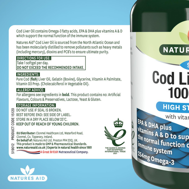 Natures Aid Cod Liver Oil 1000mg Softgels – High Strength Omega-3 Fish Oil with Vitamins A & D – Supports Immune System, Heart Health, Brain, Vision, Joints – Non-GMO – 90 Capsules