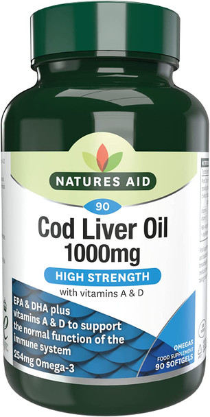 Natures Aid 1000mg High Strength Cod Liver Oil - Pack of 90 Capsules (Packaging May Vary)