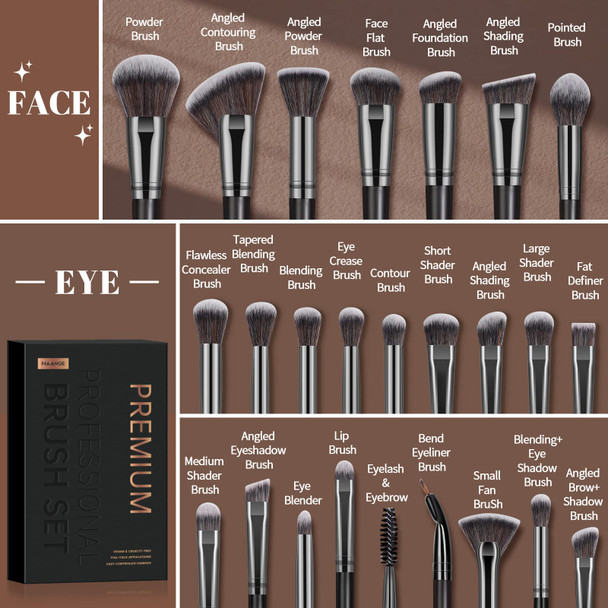 Maange Makeup Brushes 25Pcs Makeup Brush Set Premium Synthetic Concealer Blush Foundation Eyeshadow Brush Professional Make Up Brushes With  Box(Black)
