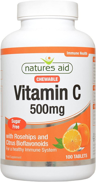 Natures Aid 500mg Vitamin C Sugar Free Chewable with Rosehips and Citrus Bioflavonoids Tablets - 100 Tablets (Pack of 3)