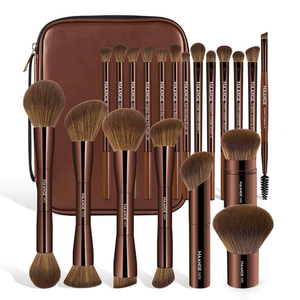 Maange 20 Pcs Makeup Brush Set With Bag Double-Ended Kabuki Brush Foundation Contour Brush For Liquid Powder Concealer Eye Shadows Cream Cosmetics Blending Blush Face Makeup Tools With Case (Coffee)