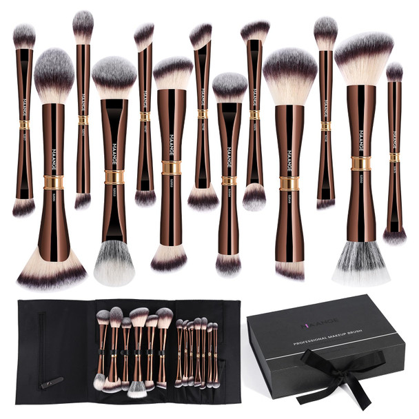 Maange Makeup Brush Set With Mirror Double-Ended Kabuki Makeup Brushes For Foundation Contour Liquid Powder Concealer Eye Shadows Cream Cosmetics Blending Blush Makeup Tools (Coffee Brown 8 Pcs)