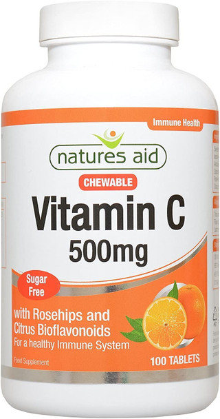 Natures Aid 500mg Vitamin C Sugar Free Chewable with Rosehips and Citrus Bioflavonoids Tablets - 100 Tablets (Pack of 4)