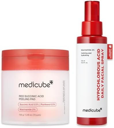 Medicube Swipe & Spray Red Duo For Troubled Skin: Red Succinic Acid Panthenol Facial Peeling Pads And Power Soothing Spray
