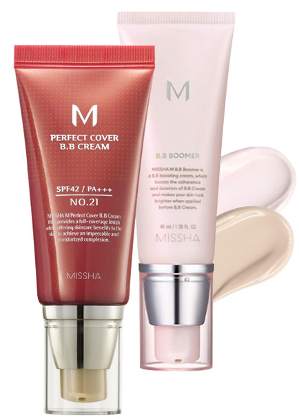 Missha Bb Essentials Kit M Perfect Cover Bb Cream No.21 Light Beige - Light With Cool Undertone/Spf 42 Pa+++ 1.69 Oz & M Bb Boomer 1.35 Oz -Lightweight Multi-Function High Coverage