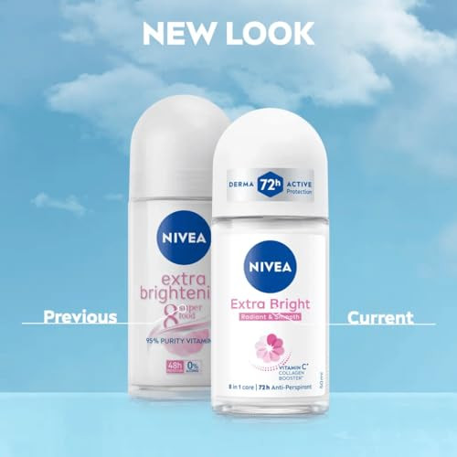 Nivea Extra Bright 8 Super Food Vitamin C Collagen Booster Underarm Roll-On Deodorant Alcohol- 72Hr Odor Protection Smooth & Bright Skin 50Ml 1.69Oz Pack Of 2