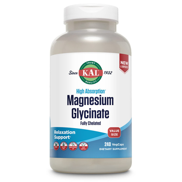 KAL Magnesium Glycinate VegCaps, Fully Chelated High Absorption Formula with BioPerine, Bisglycinate Chelate for Stress, Relaxation, Muscle & Bone Health Support, 60 Servings, 240 VegCaps