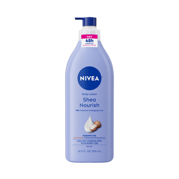 Nivea Shea Nourish Body Lotion For Dry Skin With Hyaluronic Acid Shea Butter And Deep Nourishing Serum 48-Hour Body Moisturizer 16.9 Fl Oz Pump Bottle