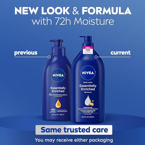 Nivea Essentially Enriched Body Lotion For Very Dry Skin With Hyaluronic Acid Almond Oil And Deep Nourishing Serum 72-Hour Body Moisturizer 33.8 Fl Oz Value Size Pump Bottle